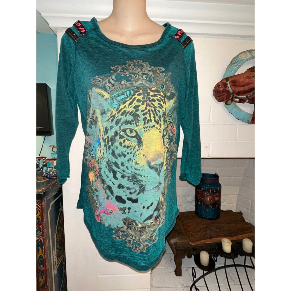 VINTAGE CUSTO BARCELONA TEAL LION TUNIC TOP